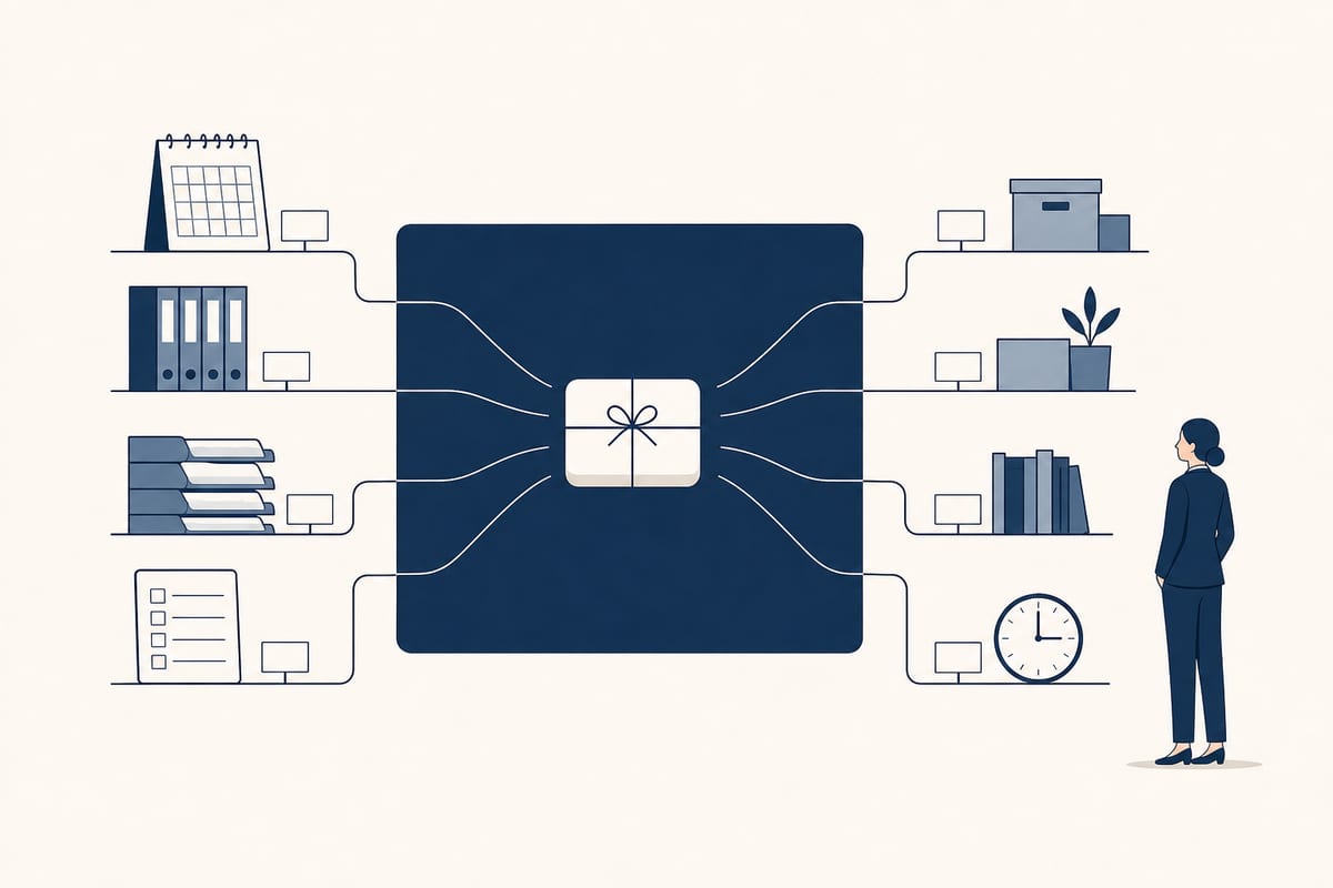 A solid navy square gathering cards from shelves, folders, a calendar and a clock into one parcel.