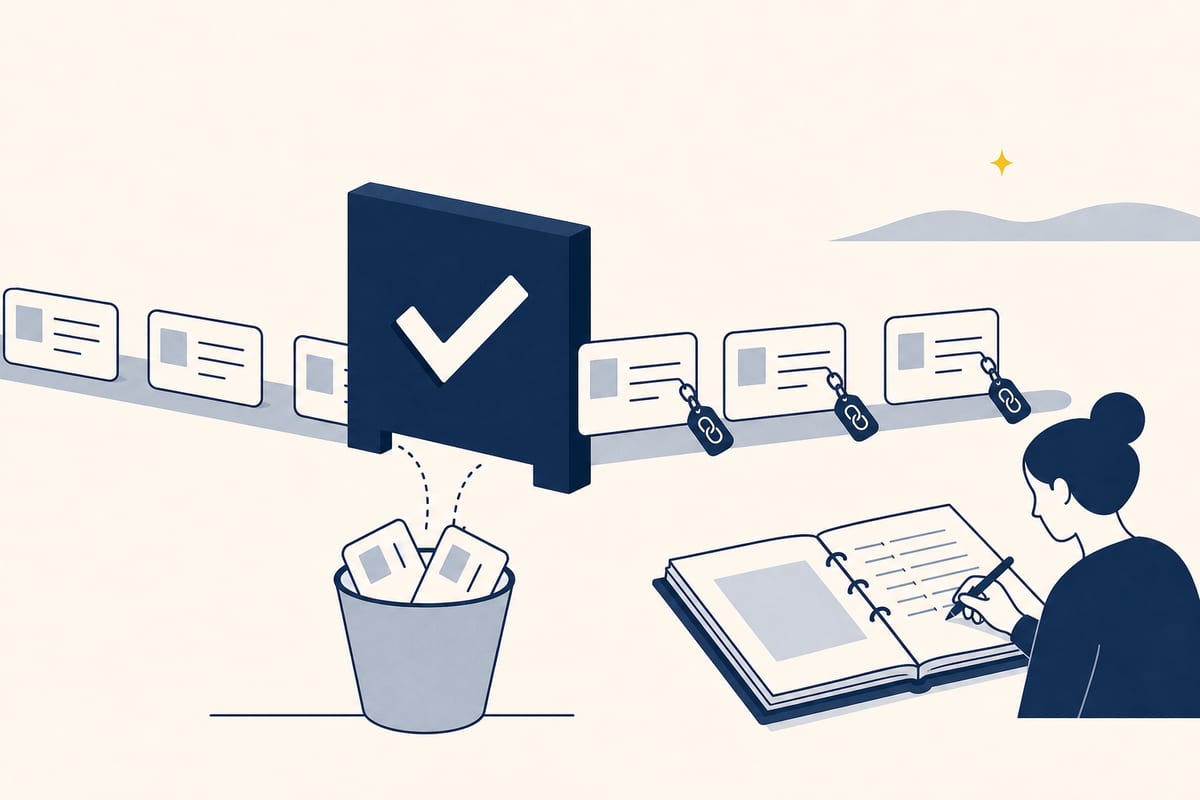 Cards passing through a frame with a check mark; two fall into a bin, the rest gain link tags, a ledger is written beside them.
